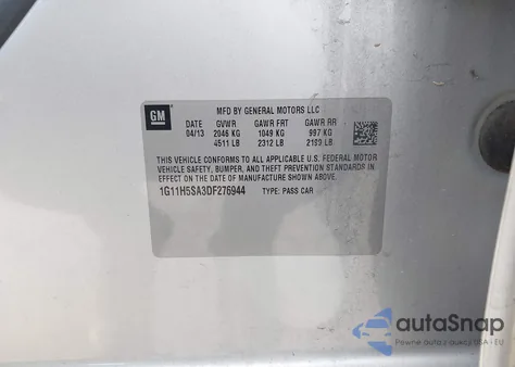 2013 Chevrolet Malibu 1Lz z USA, uszkodzony, nr VIN 1G11H5SA3DF276944